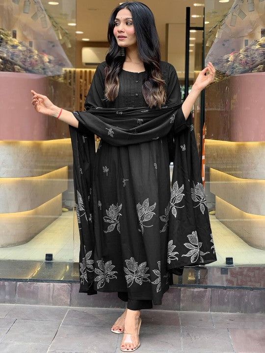 Floral Printed Pleated Round Neck Anarkali Kurta With Trousers & Dupatta