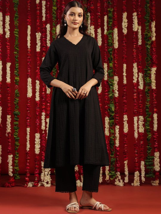 Black & Orange Self Design V-Neck Cotton Anarkali Kurta with Trousers & Dupatta