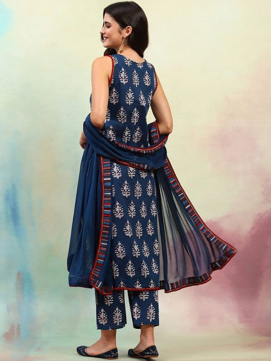 Ethnic Motifs Printed Regular Pure Cotton Straight Kurta with Palazzos & Dupatta-4