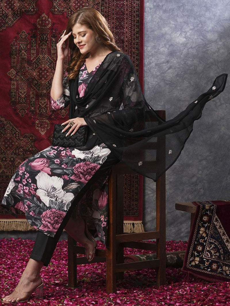 Women Floral Printed Regular Kurta with Trousers & With Dupatta-3