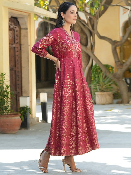 Women Red & Golden Ethnic Motifs Print Liva Maxi Dress-2