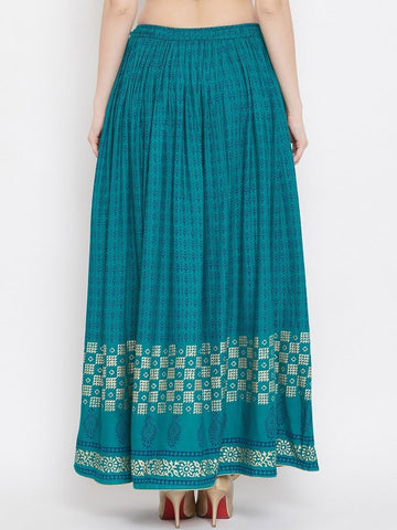 Women Teal Blue & Gold-Colored Geometric Printed Flared Maxi Skirt