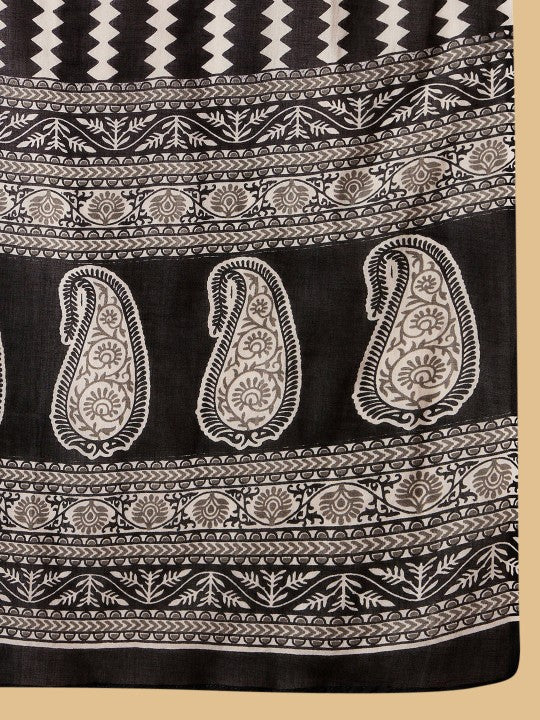 Black Ethnic Motifs Printed Pure Cotton Straight Kurta With Trousers & Dupatta
