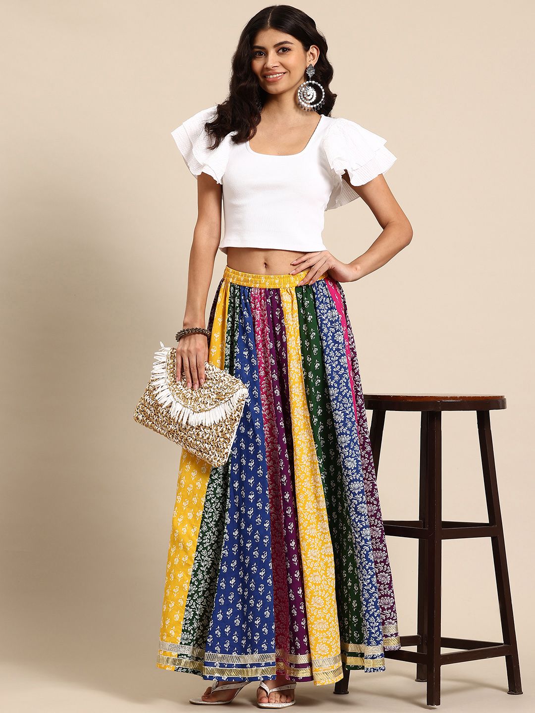 Floral Printed Pure Cotton Flared Maxi Skirt-1