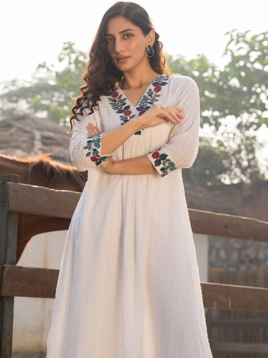 Floral Embroidered V-Neck A-Line Pure Cotton Kurta WIth Trousers-1