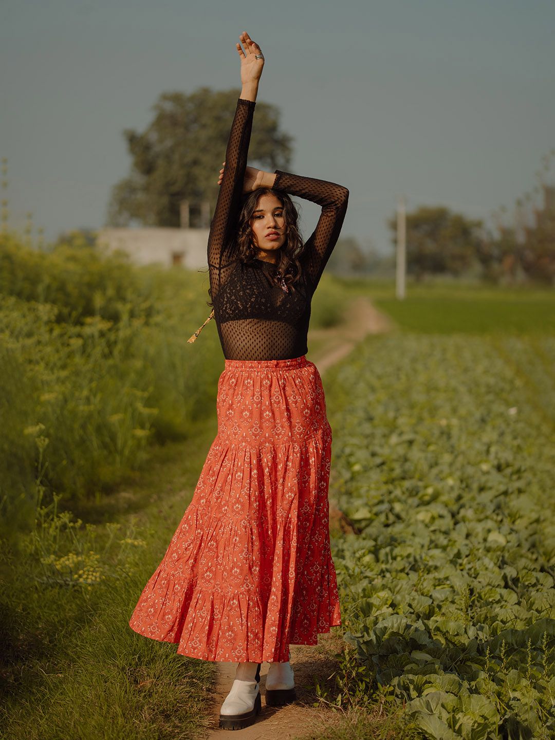 Floral Printed Tiered Flared Maxi Skirt-10