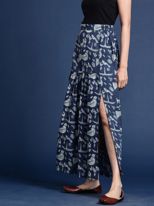 Women Ethnic Motifs Printed Pure Cotton Indigo Maxi Skirt-2