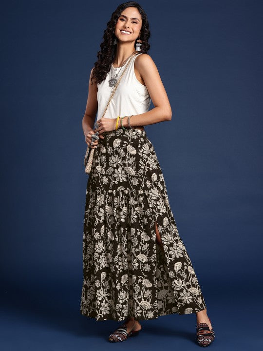 Floral Printed Cotton Maxi Flared Skirt-4