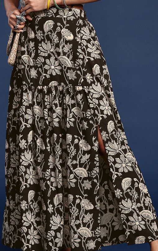 Floral Printed Cotton Maxi Flared Skirt