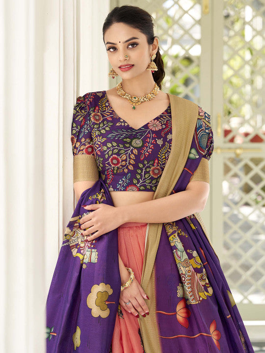 Kalamkari Printed Semi-Stitched Lehenga & Unstitched Blouse With Dupatta