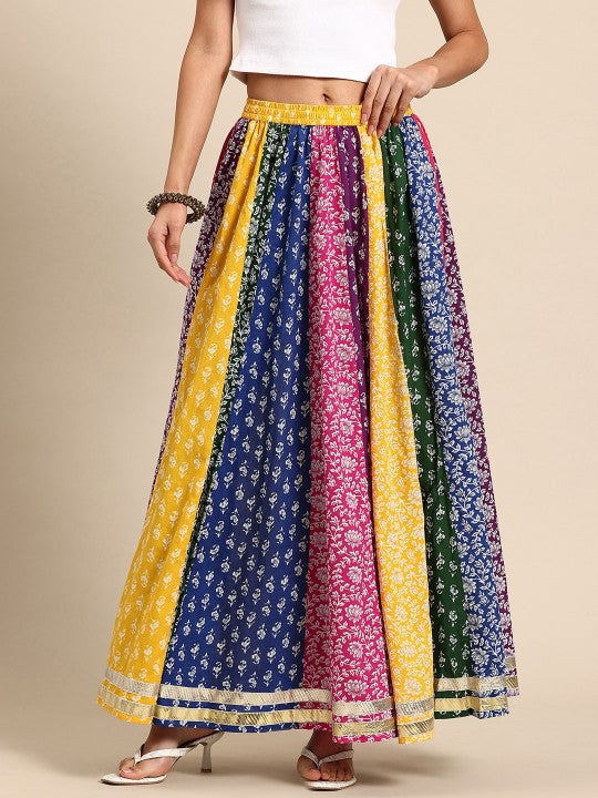 Floral Printed Pure Cotton Flared Maxi Skirt-2
