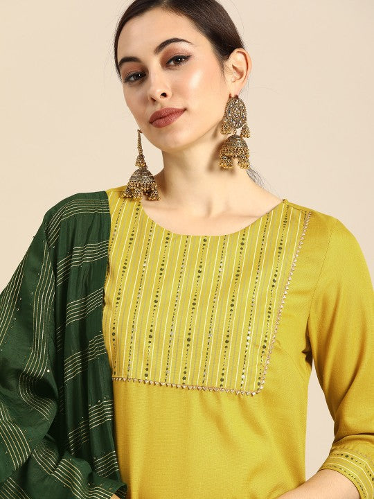 Women Mustard Yellow Yoke Design Foil Printed Kurta with Trousers & Dupatta-3