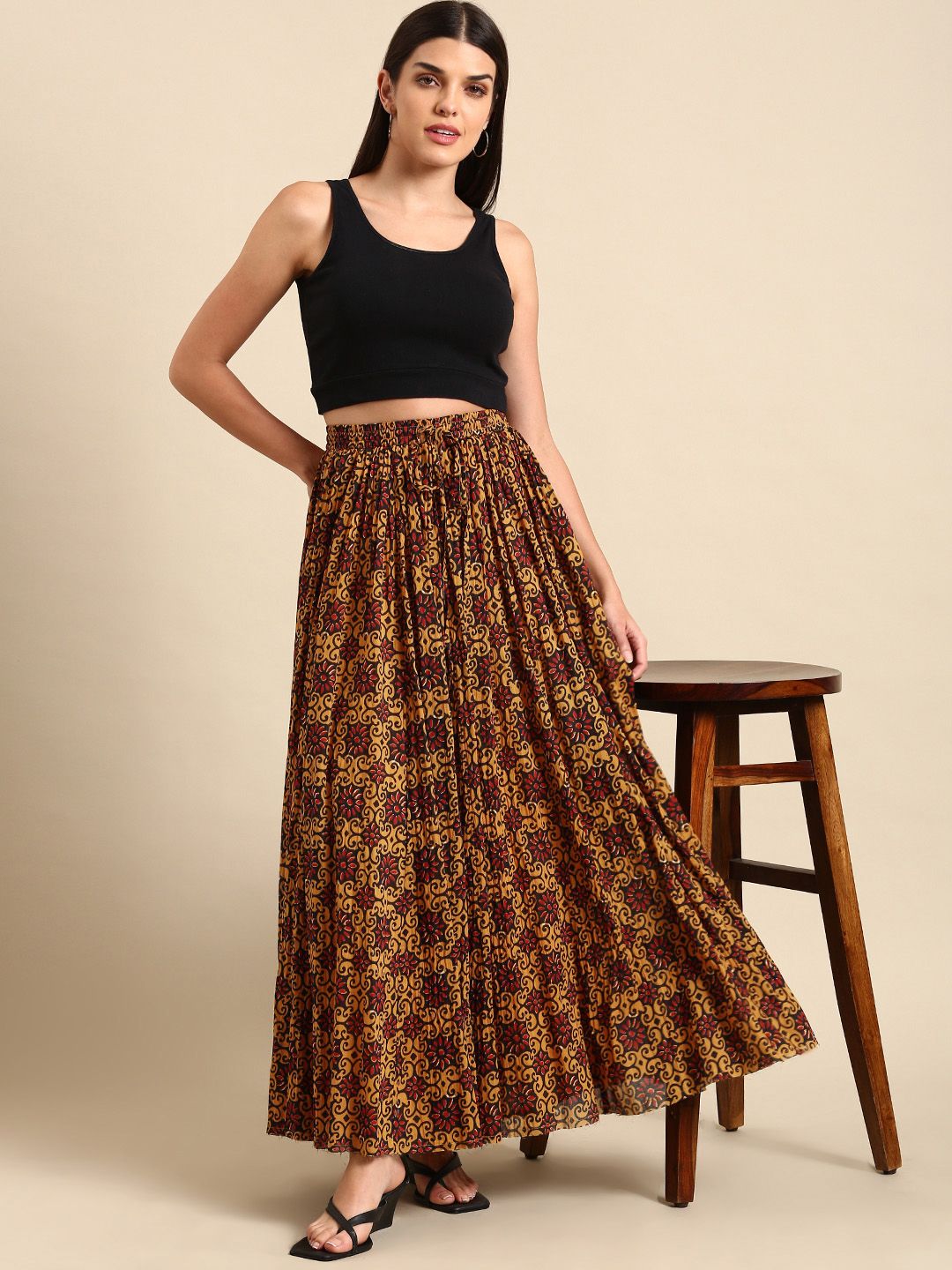 Anayna Women Floral Printed Pleated Flared Maxi Skirt