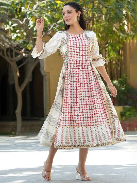 Women Cream-Coloured & Maroon Checked Maxi Dress-5