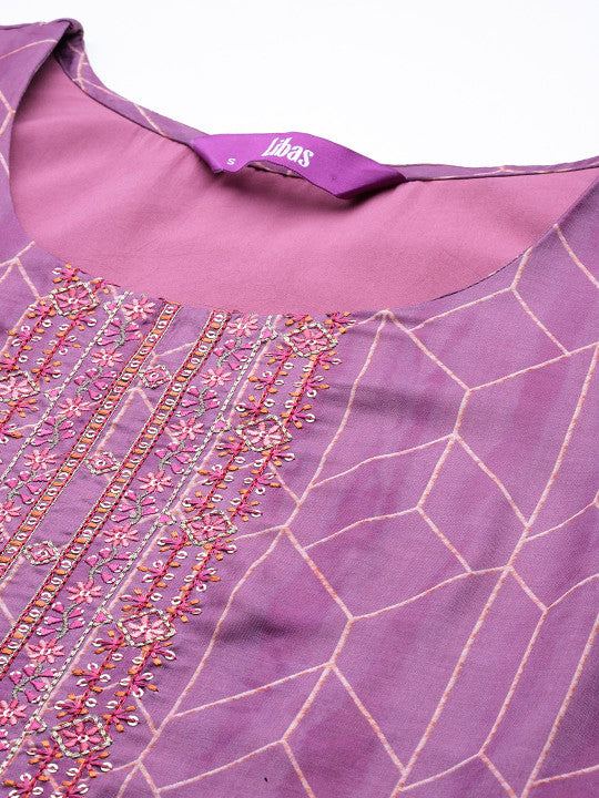 Women Peach-Coloured Floral Yoke Design Thread Work Kurta with Trousers & With Dupatta-7