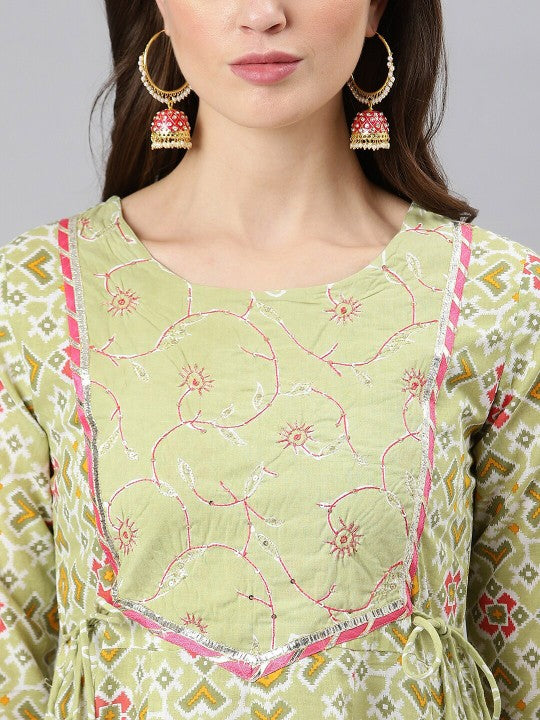 Women Green & Pink Printed Pure Cotton Kurta with Palazzos & Dupatta-3