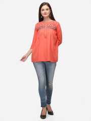Women Peach-Colour Embroidered Straight Tunic