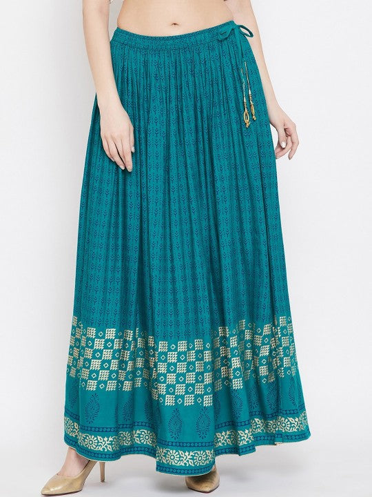 Women Teal Blue & Gold-Colored Geometric Printed Flared Maxi Skirt