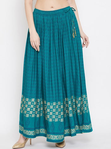 Women Teal Blue & Gold-Colored Geometric Printed Flared Maxi Skirt
