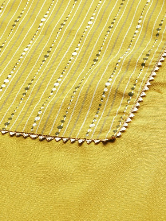 Women Mustard Yellow Yoke Design Foil Printed Kurta with Trousers & Dupatta