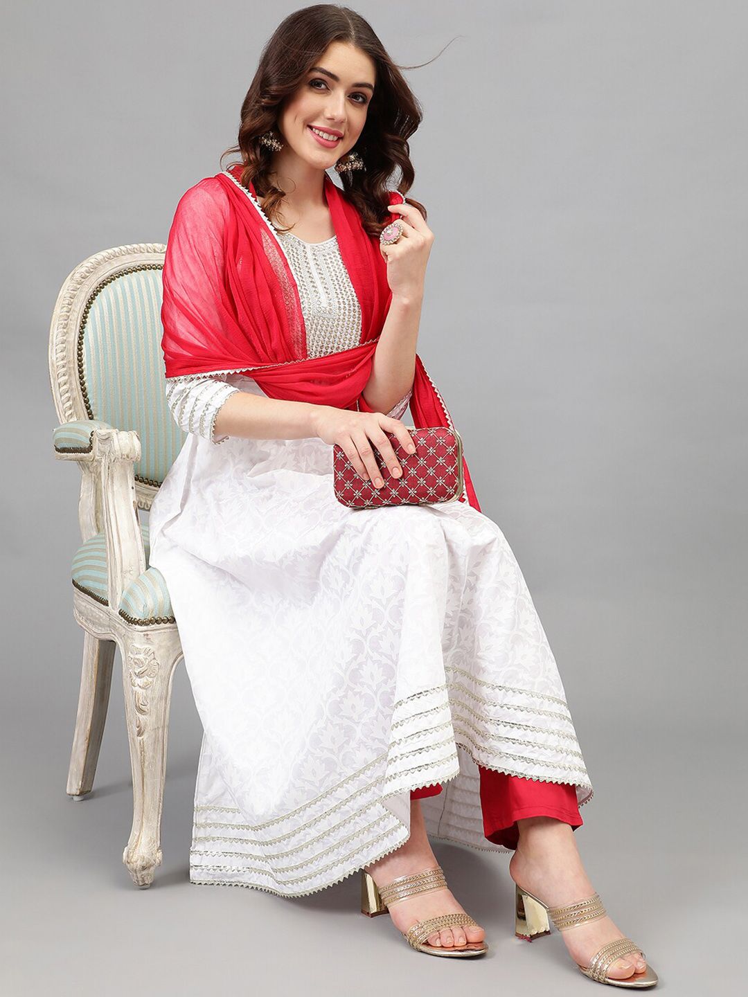 Women Ethnic Motifs Printed Regular Thread Work Kurta with Trousers & With Dupatta-1