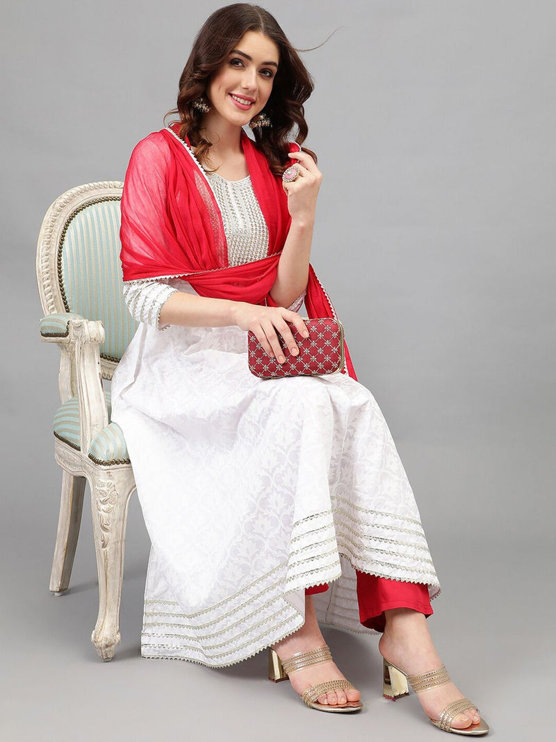 Women Ethnic Motifs Printed Regular Thread Work Kurta with Trousers & With Dupatta-1