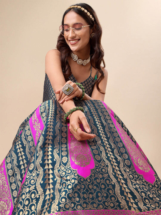 Navy Blue Lehenga & Unstitched Blouse With Dupatta-7