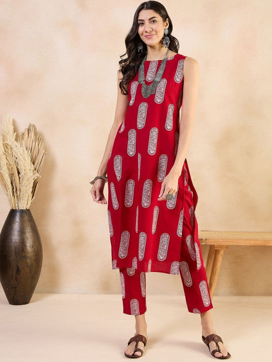 Ethnic Motifs Printed Boat Neck Regular Pure Cotton Straight Kurta With Trousers