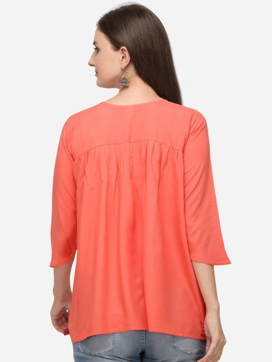 Women Peach-Colour Embroidered Straight Tunic
