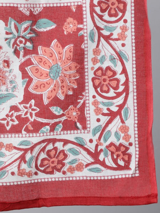 Women Red Floral Printed Kurta With Trouser & Dupatta-11
