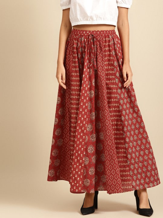 Maroon & Beige Printed Pure Cotton Maxi Flared Skirt-2