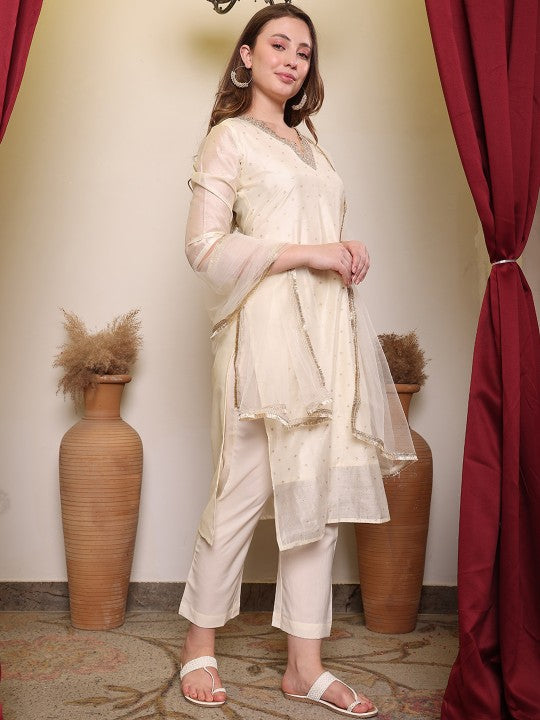 Floral Woven Design V-Neck Straight Kurta With Trouser & Dupatta-2