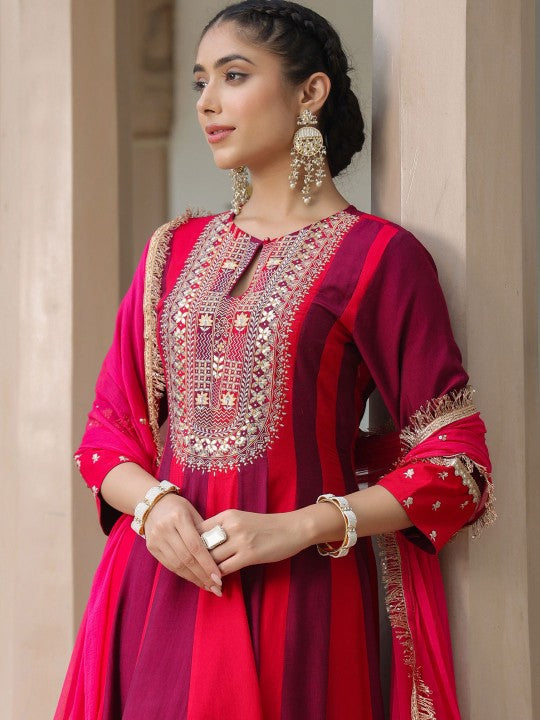 Ethnic Motifs Embroidered Zari Pure Silk Anarkali Kurta With Trouser & Dupatta-2