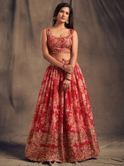 Red & Gold-Toned Embroidered Sequinned Shibori Semi-Stitched Lehenga & Unstitched Blouse With