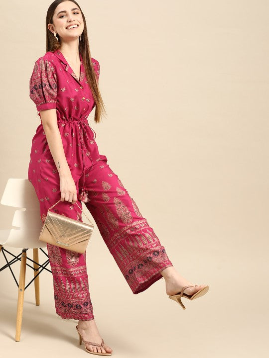 Women Pink & Golden Ethnic Motifs Printed Basic Jumpsuit-1