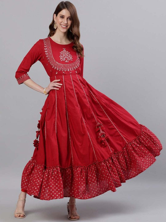 Women Red & Silver Gota Patti Embellished Maxi Dress-4