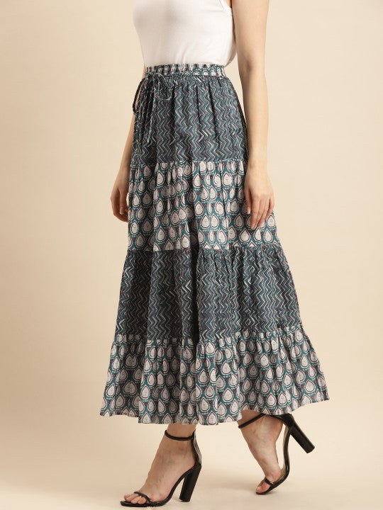 Anayna Women Blue And White Printed Cotton Tiered Long Skirt-3
