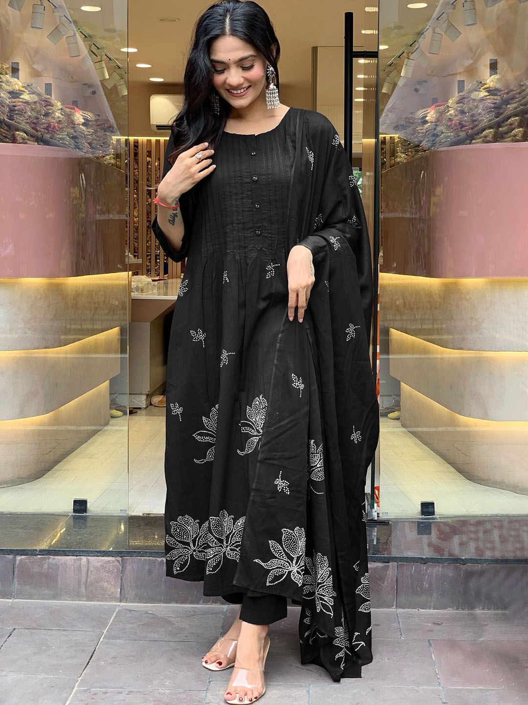 Floral Printed Pleated Round Neck Anarkali Kurta With Trousers & Dupatta-3