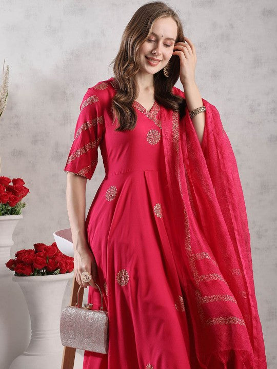 Floral Printed Anarkali Kurta With Trousers & Dupatta-2