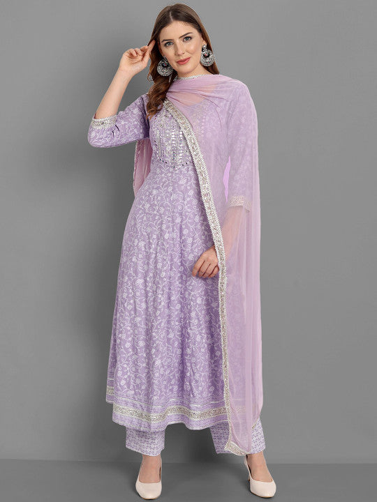 Floral Printed Mirror Work Anarkali Kurta & Trousers With Dupatta-5