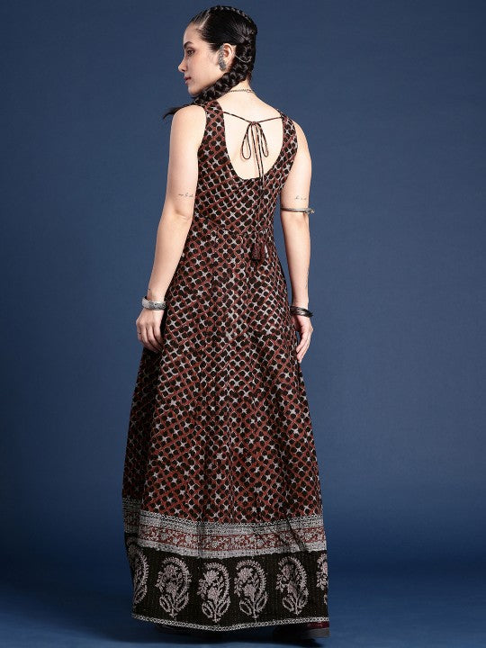 Paisley Indie-Floral Print Sleeveless Maxi Bagru Ethnic Dress-3