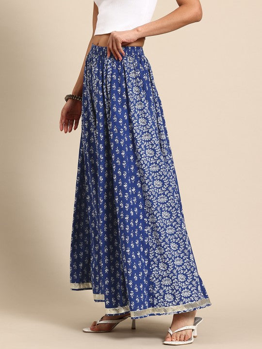 Floral Printed Pure Cotton Flared Maxi Skirt