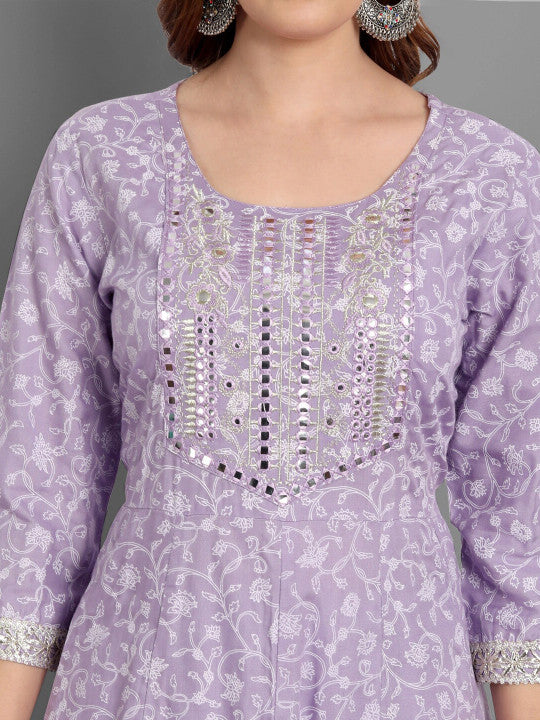 Floral Printed Mirror Work Anarkali Kurta & Trousers With Dupatta-6