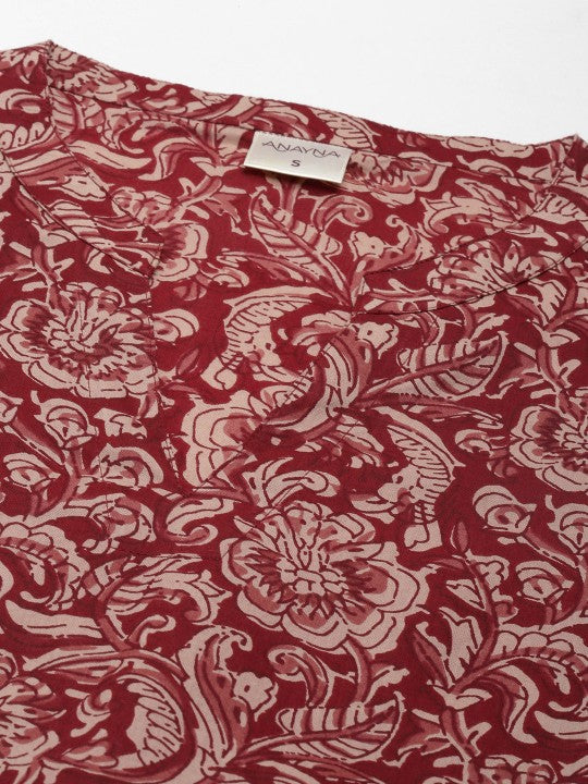 Red Floral Ethnic A-Line Cotton Midi Ethnic Dress-5