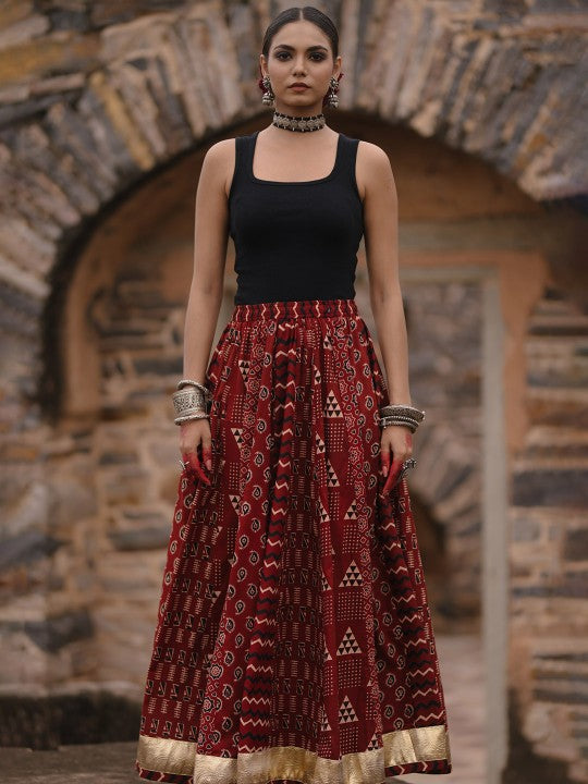 Anayna Women Printed A-Line Flared Cotton Maxi Skirt-1