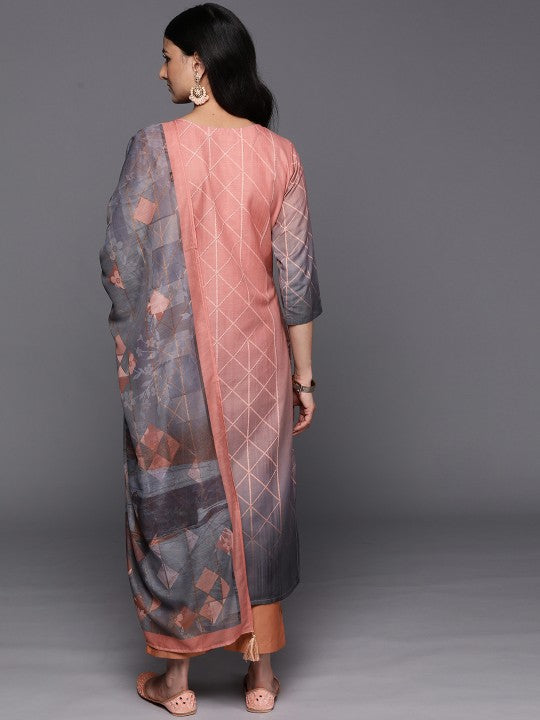 Women Peach-Coloured Floral Yoke Design Thread Work Kurta with Trousers & With Dupatta-2