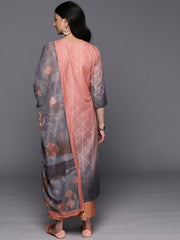 Women Peach-Coloured Floral Yoke Design Thread Work Kurta with Trousers & With Dupatta