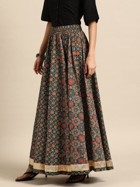 Floral Printed Pure Cotton Flared Maxi Skirt-10