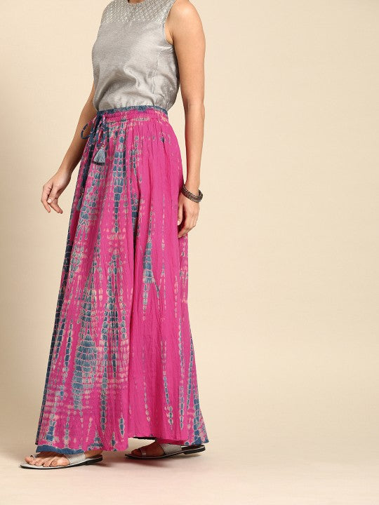 Pink and Blue Dyed Maxi Pure Cotton Flared Skirt-2