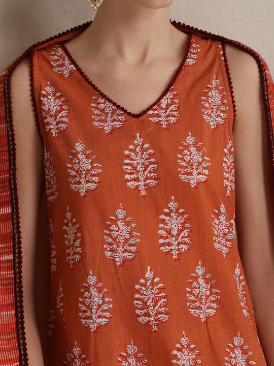 Ethnic Motifs Printed Regular Pure Cotton Straight Kurta with Palazzos & Dupatta-11